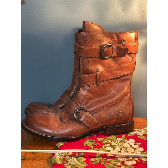 BORN Alamid Dark Tan Brown Leather Strappy Buckle Midcalf Boot Size 8 - Picture 4 of 9